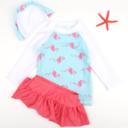 CASSA ชุดว่ายน้ำเด็ก ชุดว่ายน้ำเด็กผู้หญิงชุดว่ายน้ำเซ็ต 2ชิ้น เสื้อแขนยาว + กระโปรง (ลายฟามิงโก้) Size. 90-130 cm.