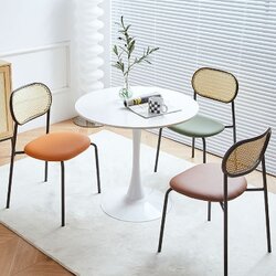 เก้าอี้กินข้าว เก้าอี้หวายเทียม PE หนัง PU อเนกประสงค์ โครงขาเหล็กสีดำ แข็งแรง