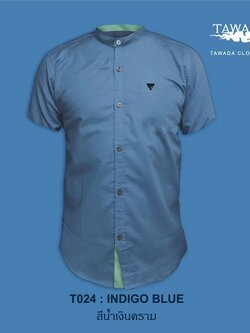 แขนสั้น คอจีน สีน้ำเงินคราม mandarin collar Indigo