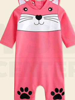 Bodysuit ชุดว่ายน้ำสำหรับเด็ก ชุดว่ายน้ำลายการ์ตูน ชุดว่ายน้ำแมว สีชมพู มีหูแมวที่ชุด