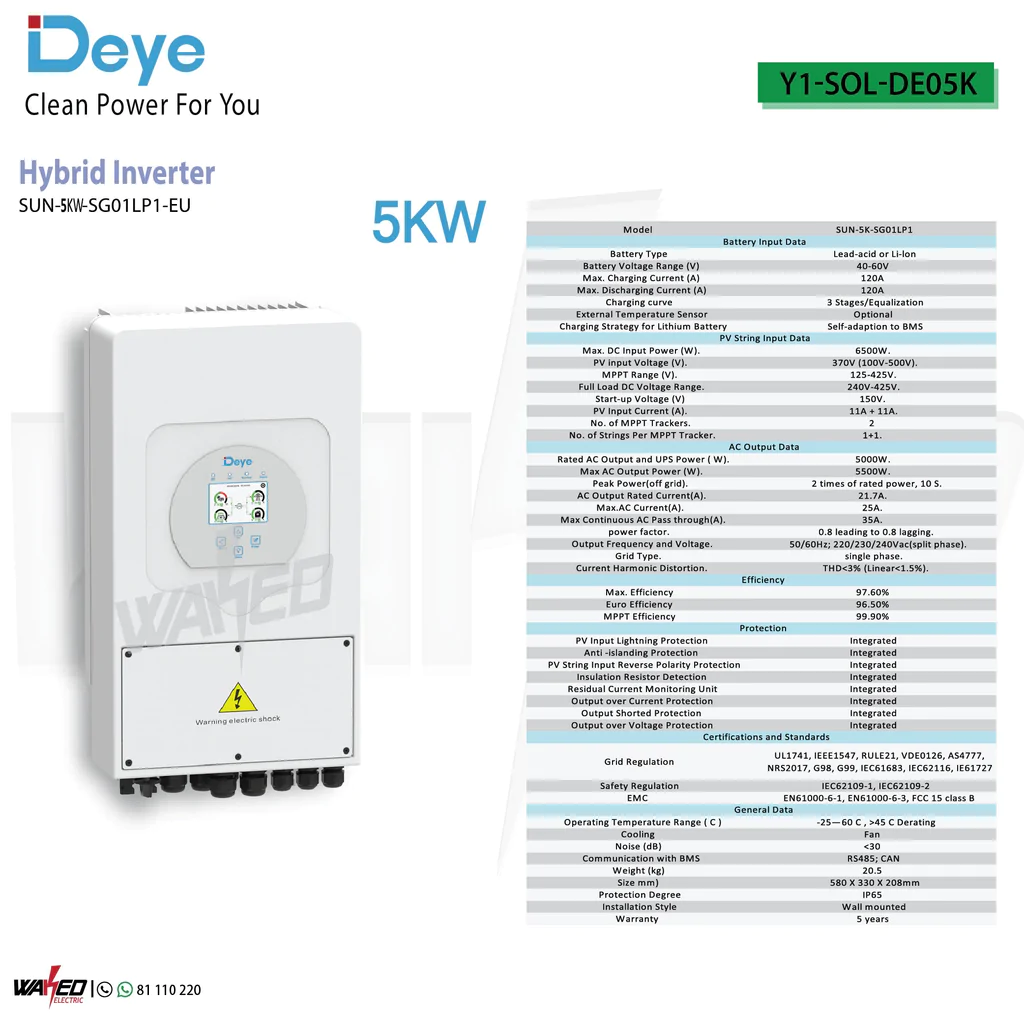 Set Hybrid Deye on-off grid 5 Kw 3P ESS 10Wk Deye 200A48V ลดค่าไฟ เดือนละ 3,500-5,000 บาท